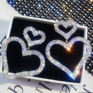 Silver Tone Double Heart Drop Earrings Pave Setting